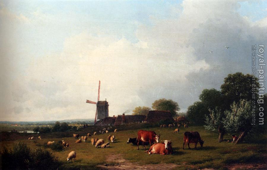 Eugene Joseph Verboeckhoven : A Panoramic Summer Landscape With Cattle Grazing In A Meadow